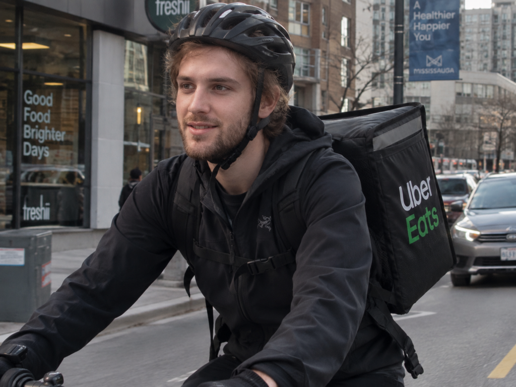 Student making a delivery by bicycle.