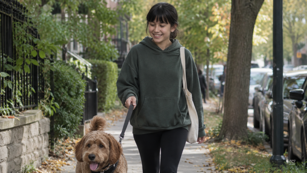 Student walking a dog.
