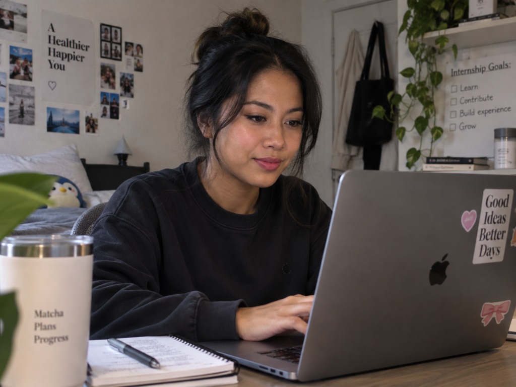 Student working remotely on an internship.